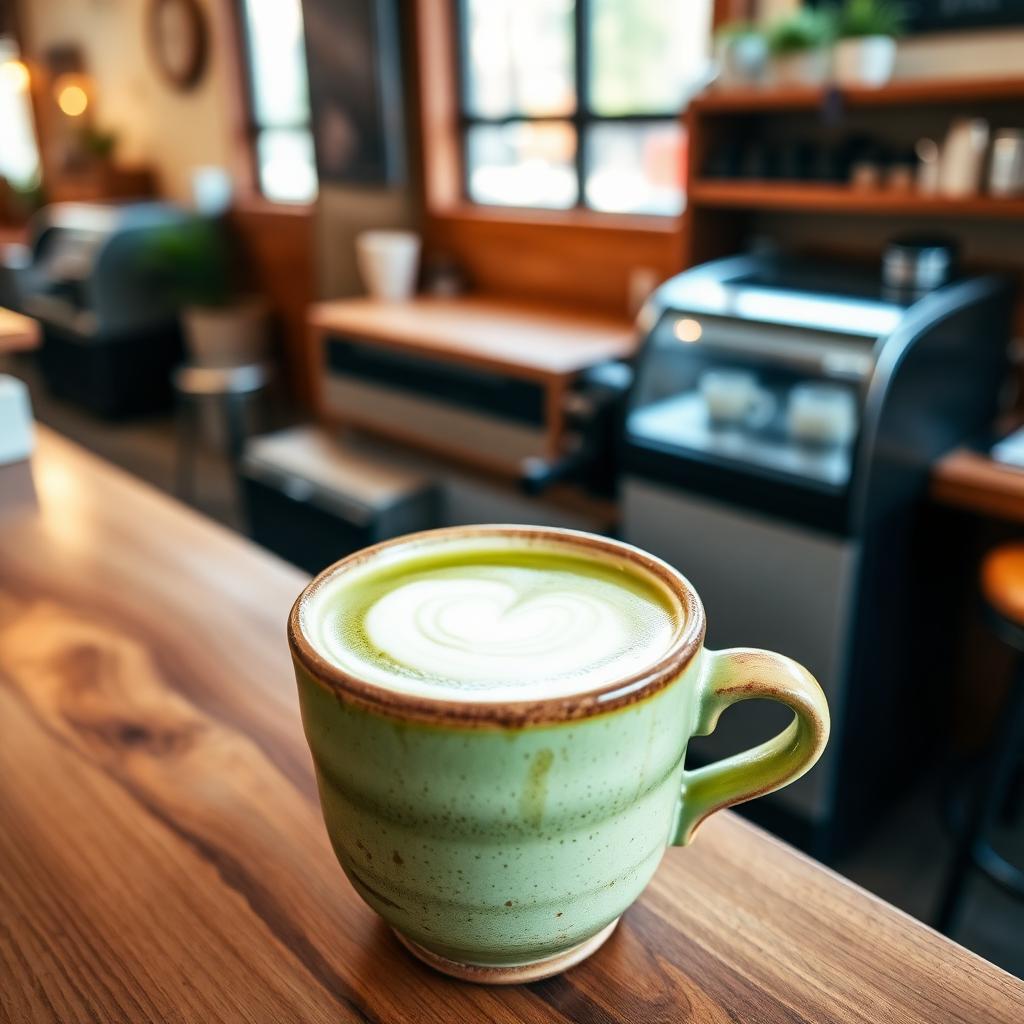 Krémové matcha latte v ručně dělaném zeleném hrnku
